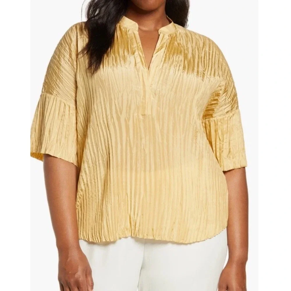 Vince Shirt Women 2X Gold Silk Textured Crinkle Capsule Minimalist Luxury Career
